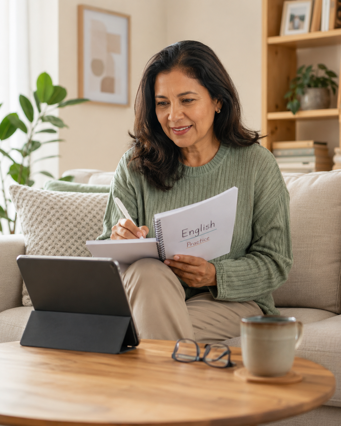 Mujer adulta estudiando inglés desde casa